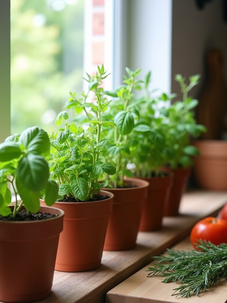 Kitchen windowsill herb garden with various herbs in terracotta pots – basil, mint, rosemary, thyme
