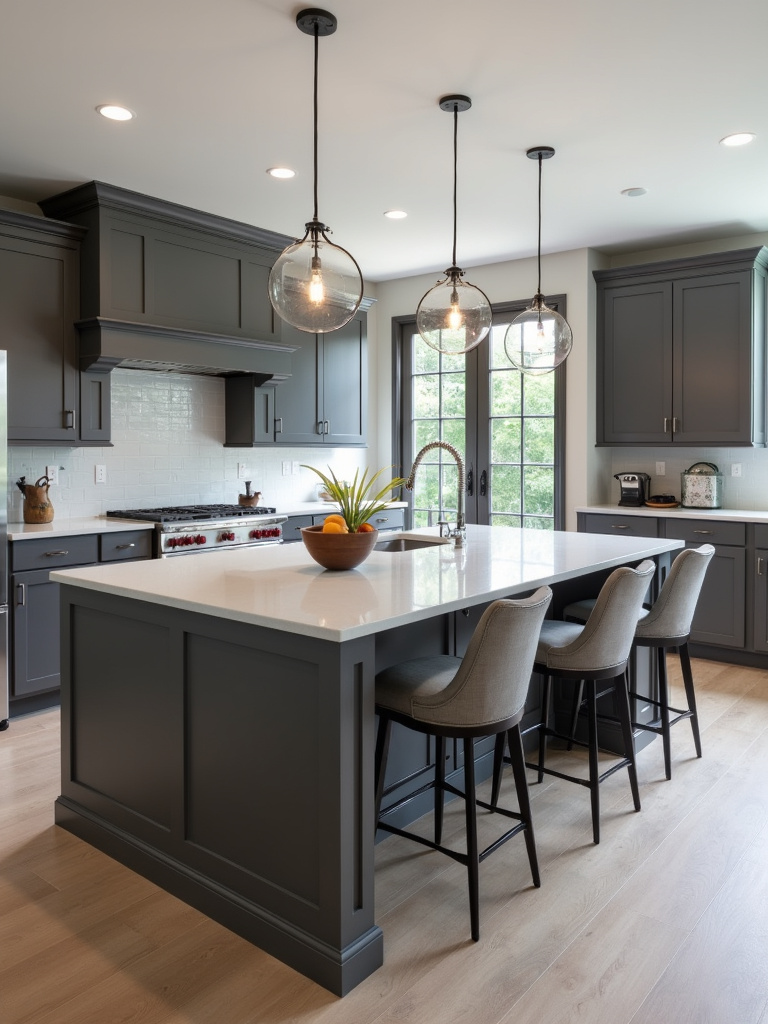 Modern kitchen with a large kitchen island featuring dark grey cabinets, white countertop, and bar stools, serving as a functional centerpiece.