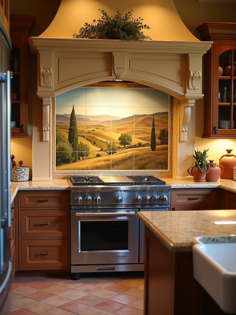 “Mediterranean kitchen with a large tile mural backsplash depicting a Tuscan landscape above the stove, rustic wooden cabinets, and terracotta pots.”