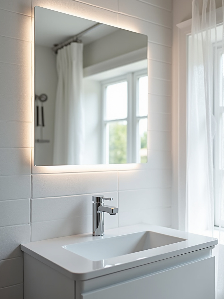 Modern bathroom with a rectangular LED backlit mirror providing soft, ambient lighting above a white vanity.