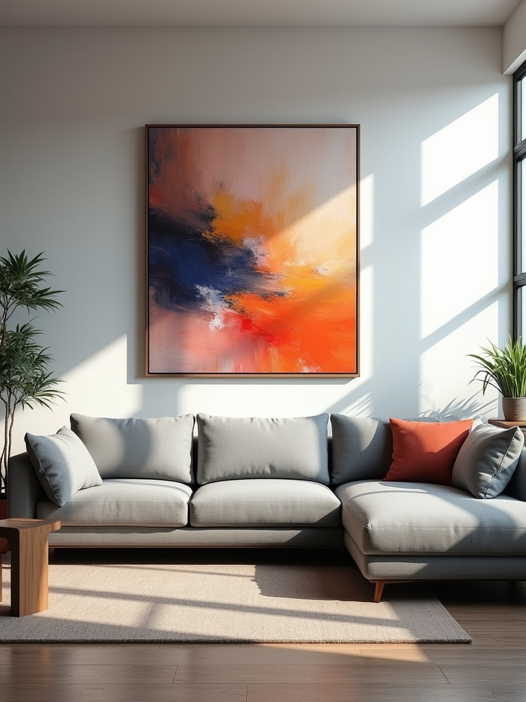 A living room scene with a large, colorful abstract canvas art piece as the focal point above the grey sofa.