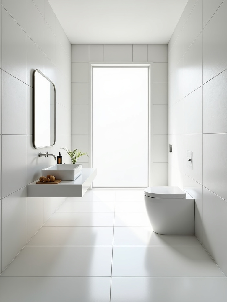 Minimalist bathroom featuring large format white porcelain tiles on the walls with minimal grout lines.