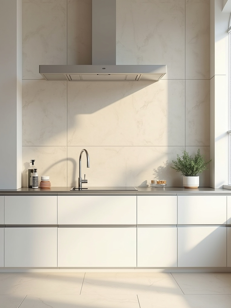 A modern minimalist kitchen featuring a large format light tile backsplash with minimized grout lines and surface texture.