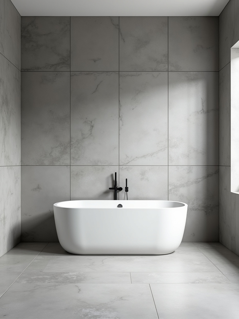 A minimalist bathroom with large format gray tiles creating a seamless wall and floor appearance and soft even diffused lighting.