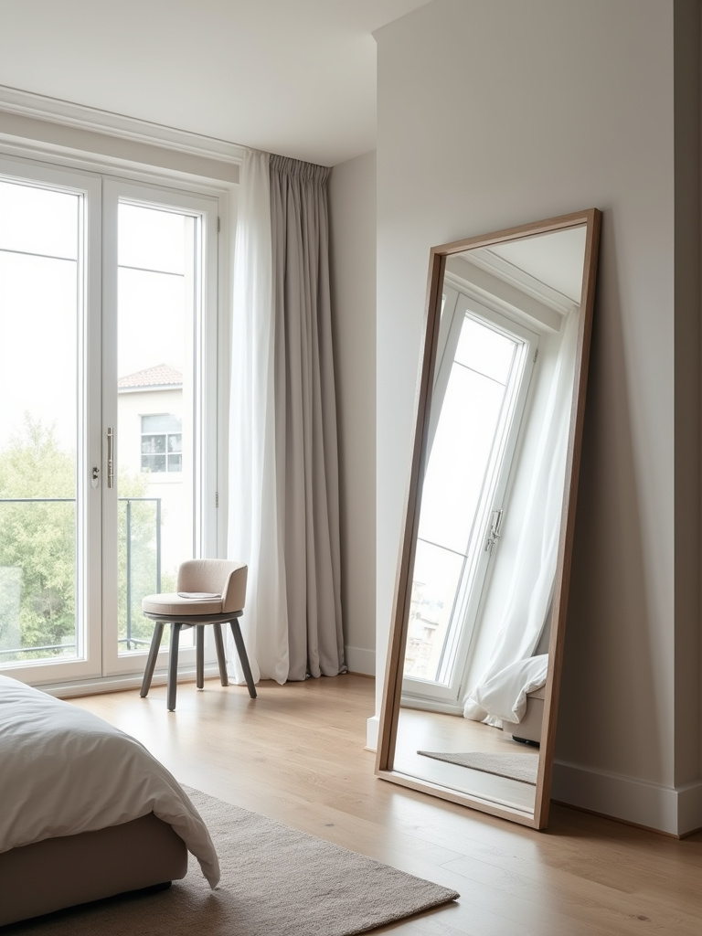 Modern bedroom with a large mirror reflecting light and space.