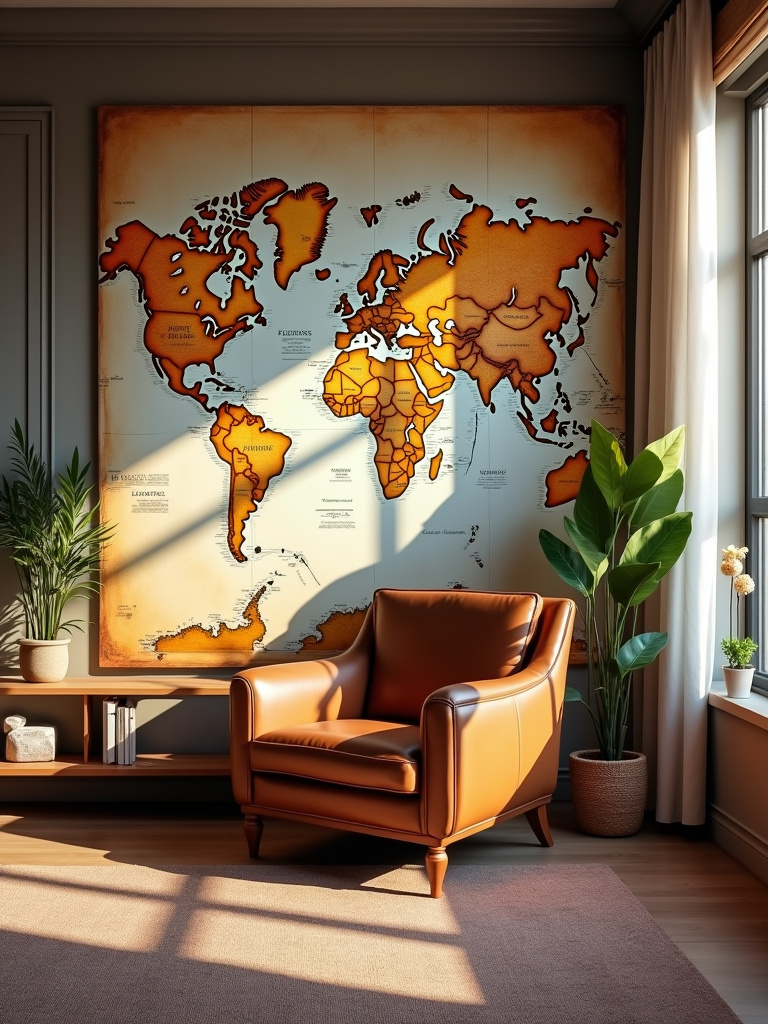 Globally-inspired living room with a large vintage world map wall mural behind a leather armchair, pins marking travel destinations.