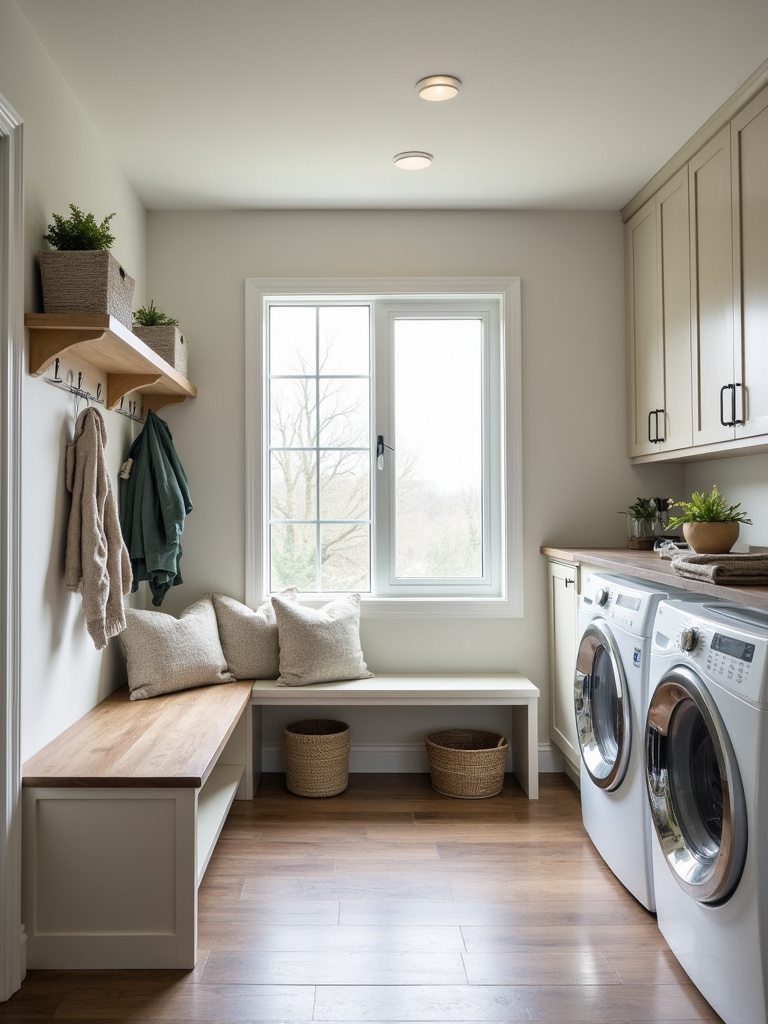 A combined laundry room and mudroom space featuring a mudroom bench and seamless transition to the laundry area, demonstrating ultimate home functionality.