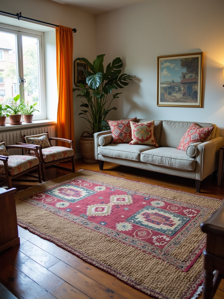 Eclectic living room featuring layered rugs: a jute base and a colorful kilim top rug.