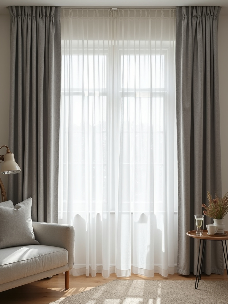 Layered curtains combining white sheer and heavy linen materials in a beautifully lit living room