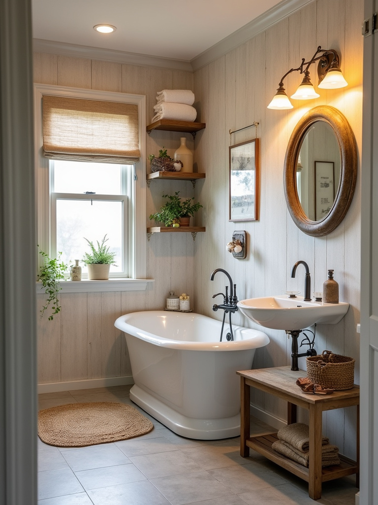 Cohesive farmhouse bathroom design layering neutral linen texture wallpaper with various farmhouse decor elements for a stylish and inviting space.