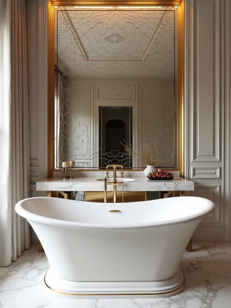 Glamorous bathroom with a layered mirror wall behind a bathtub, maximizing light reflection and creating a dramatic effect.