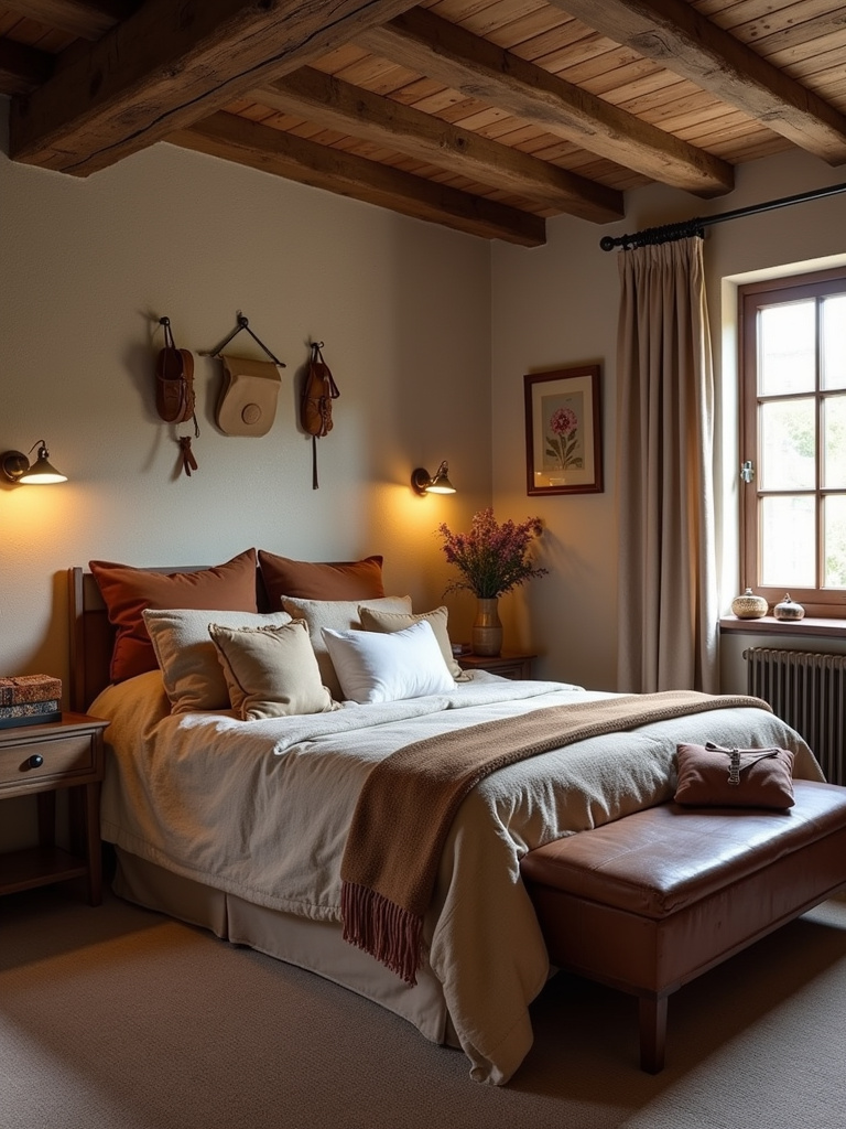 Rustic bedroom with leather accents.