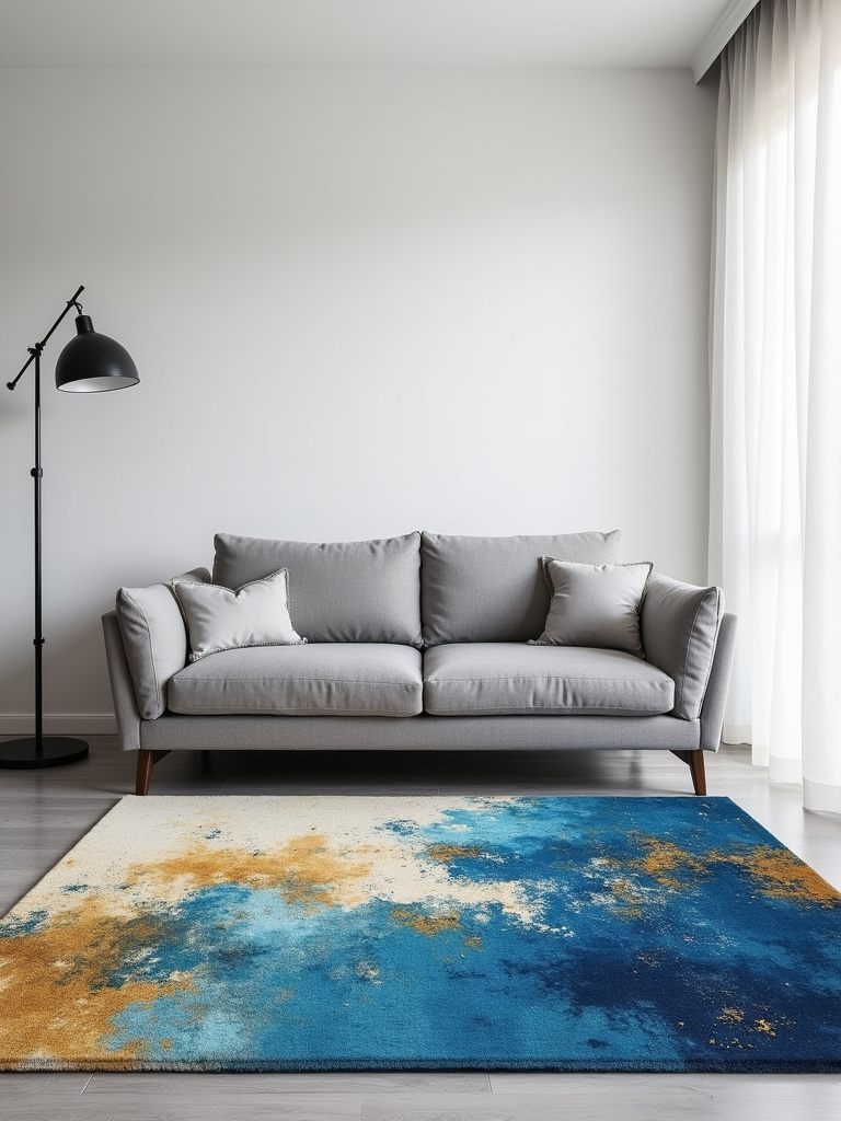 Modern minimalist living room with a vibrant abstract art rug as the focal point.