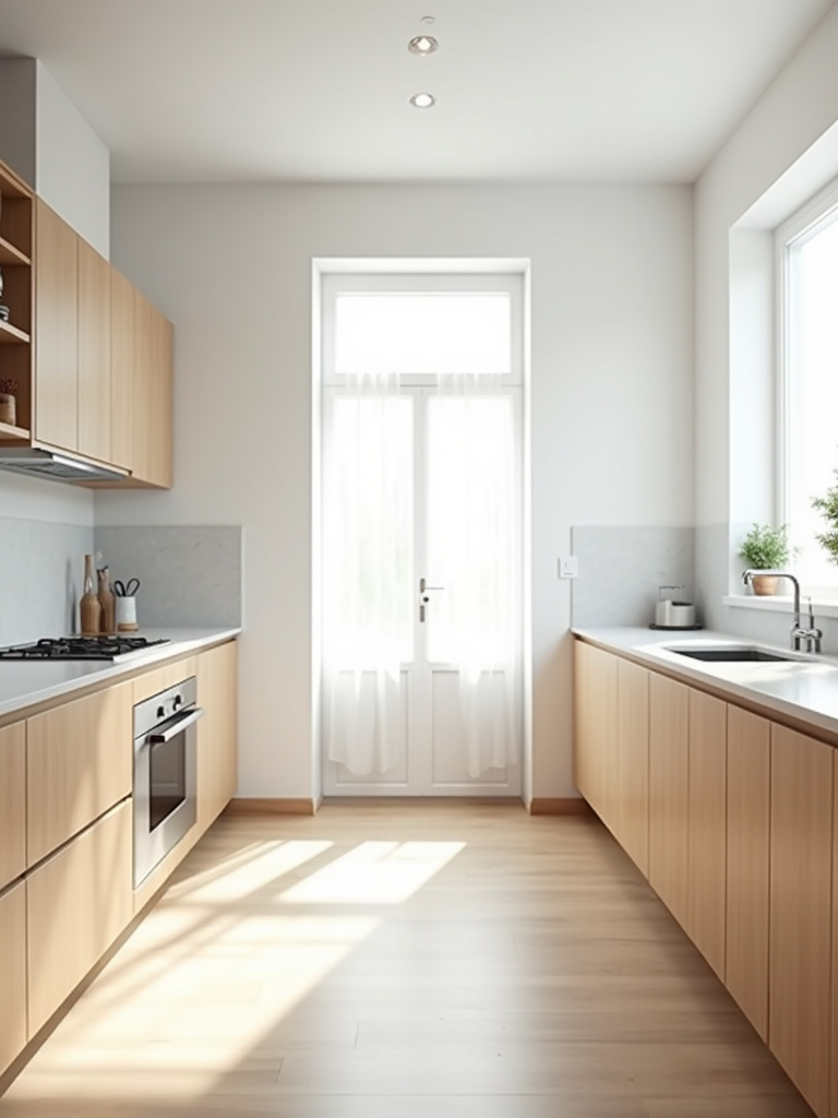 Bright and airy apartment kitchen with a light color palette of white walls, light wood cabinets, and countertops, creating a spacious feel