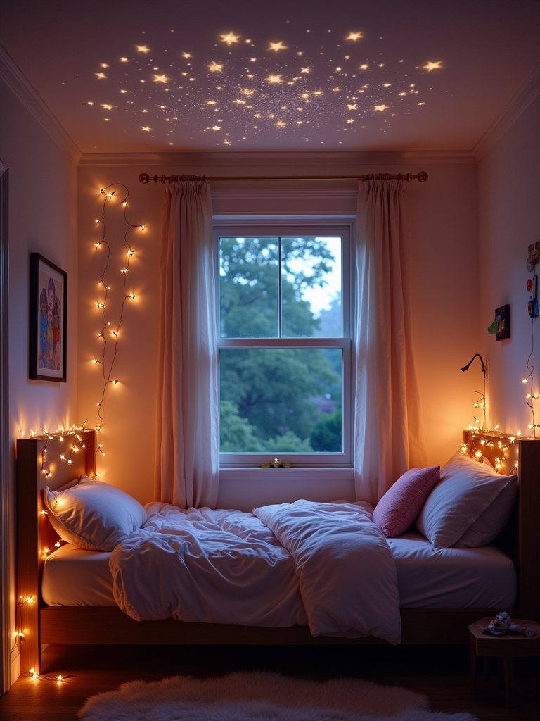 Magical kids bedroom lighting with fairy lights and star projector.