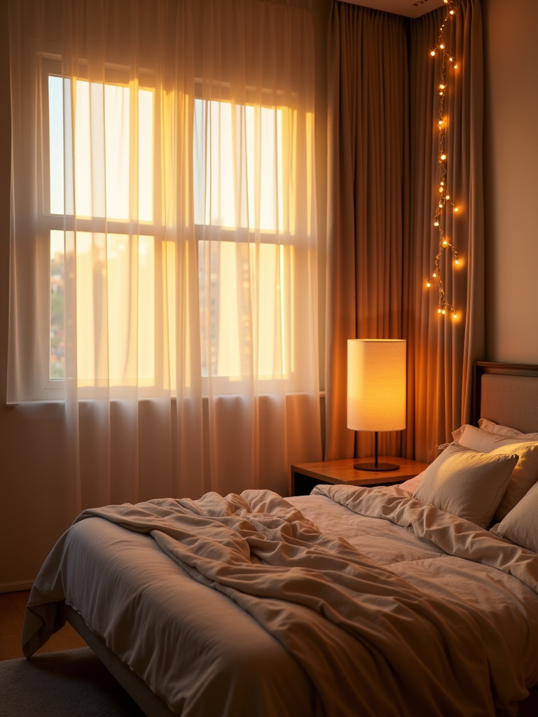 Bedroom scene with layered lighting including lamps and string lights in golden hour light.