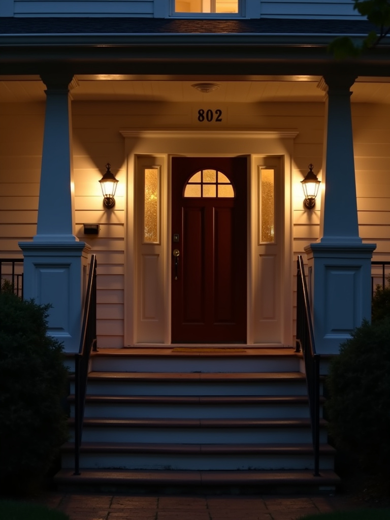 A craftsman front door illuminated by warm light from bronze sconces at twilight.