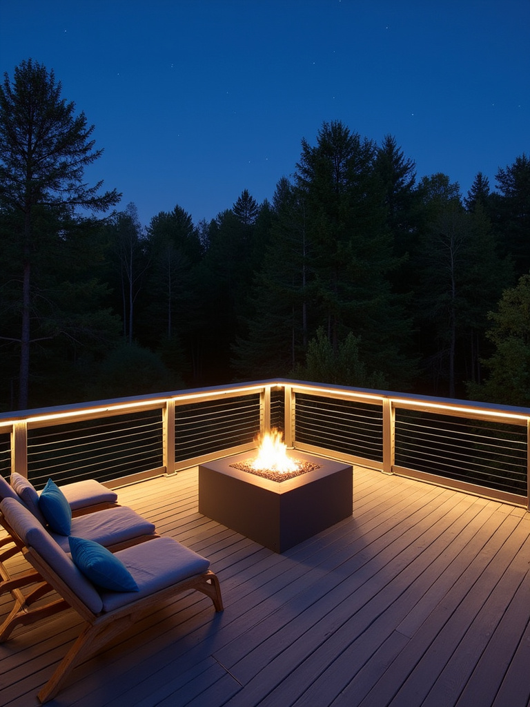 Deck railing with integrated LED lighting illuminating a modern deck at dusk.