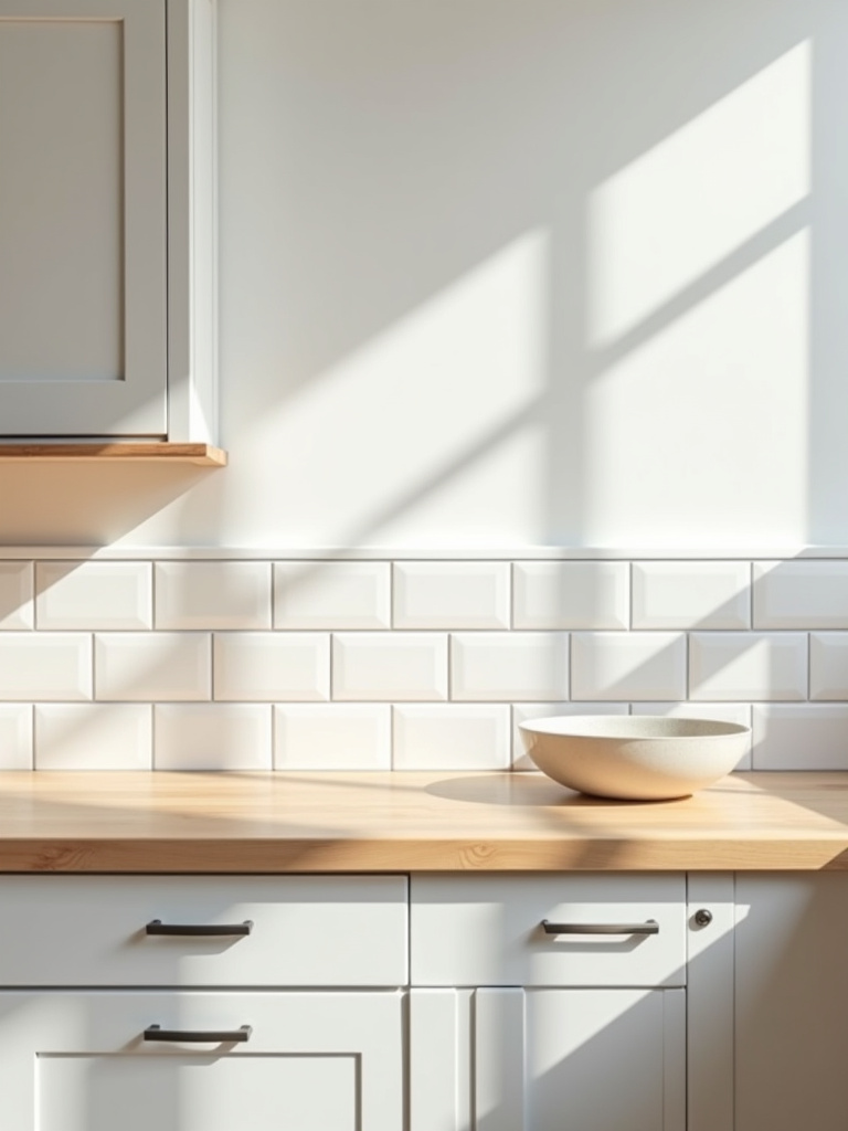 Light wood countertops and white cabinets in a bright Scandinavian kitchen