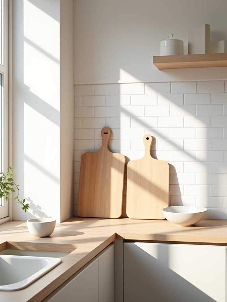Light wood cutting boards leaning against a white subway tile backsplash in a bright Scandinavian kitchen