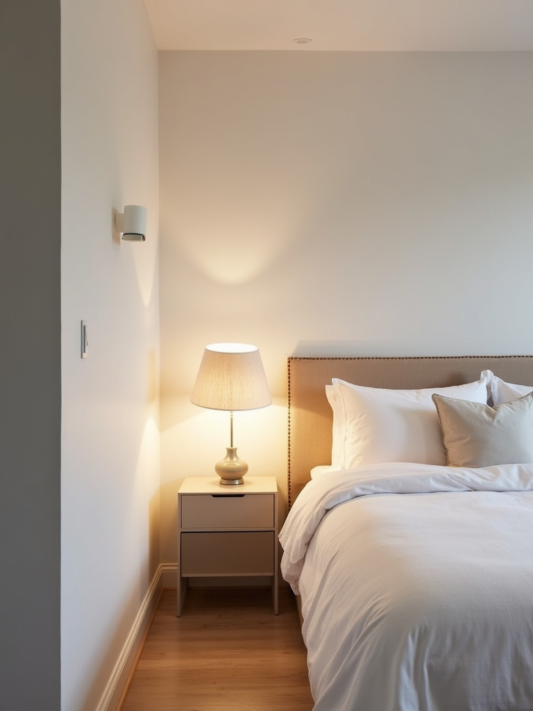 White bedroom with layered lighting including ambient, task, and accent light sources.