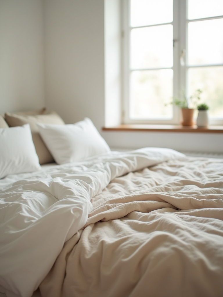 A minimalist bed setting with a lightweight blanket over top giving a warm and inviting feel.