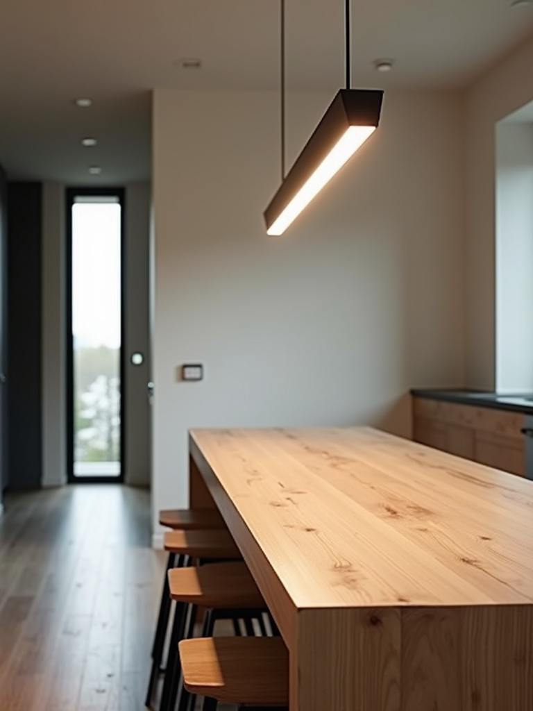 Modern kitchen with a black linear suspension light over a long wooden table.