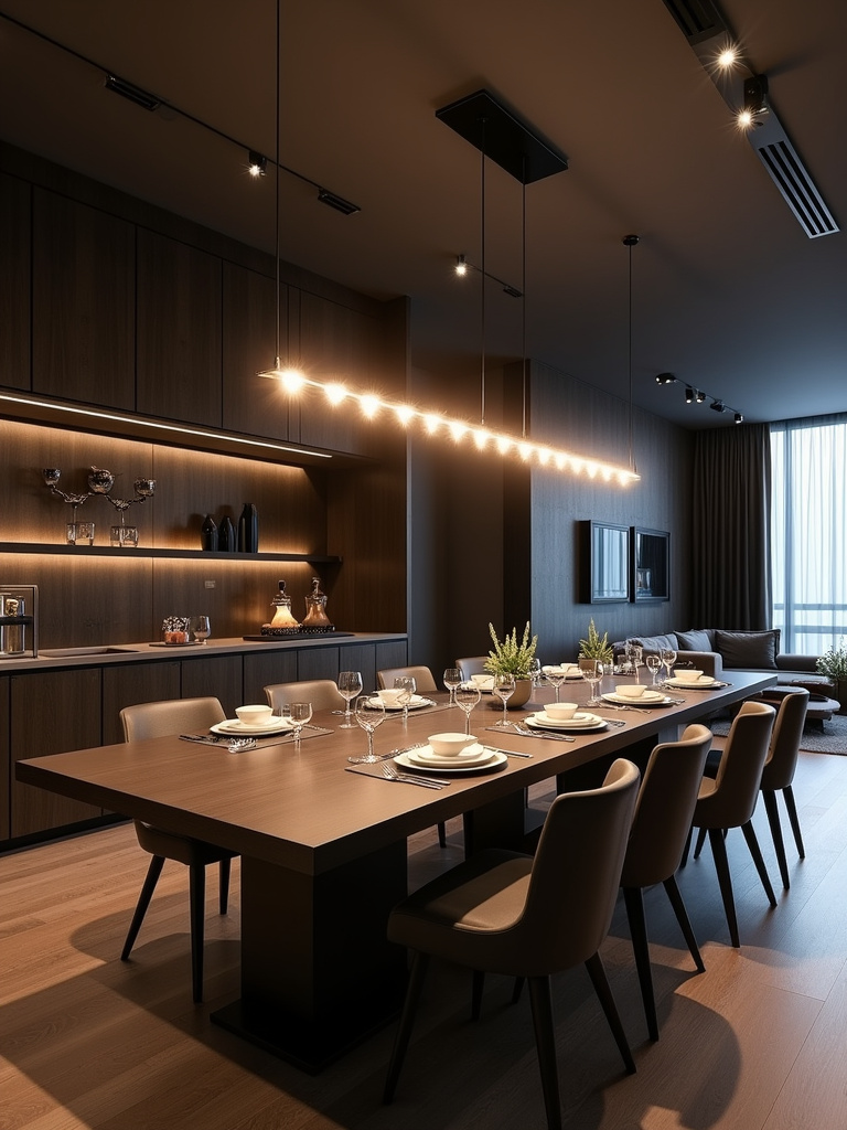 Contemporary dining room with an industrial linear suspension light above a long dark wood dining table.