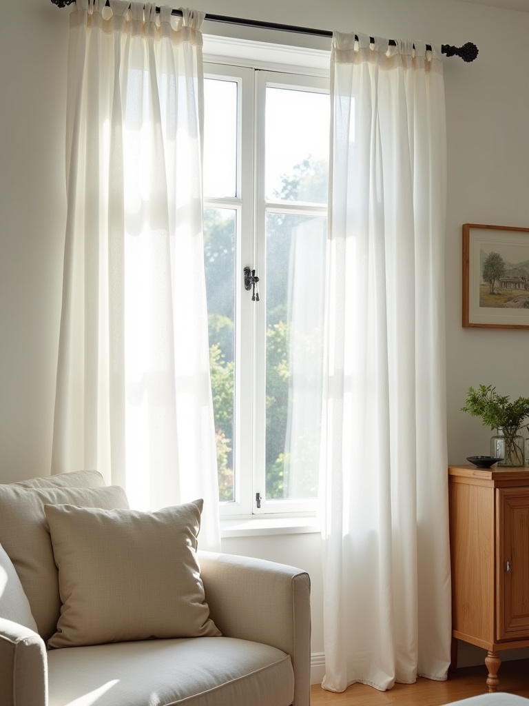 Light and airy white linen curtains in a brightly lit living room