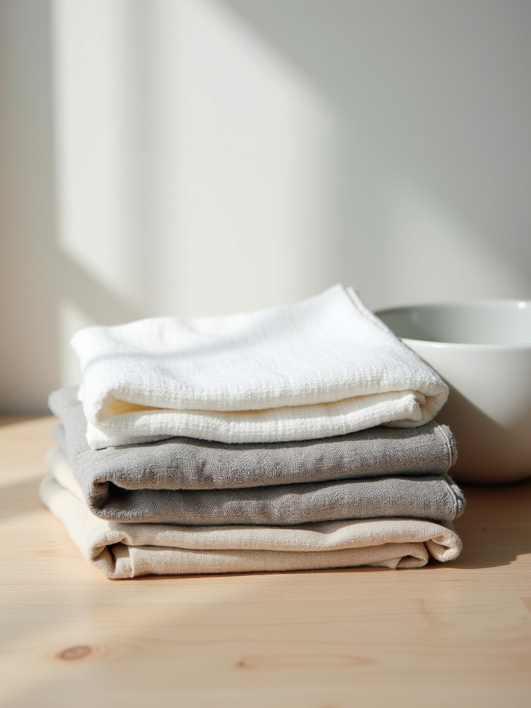 Folded linen dish towels in neutral colors on a light wood countertop in a Scandinavian kitchen