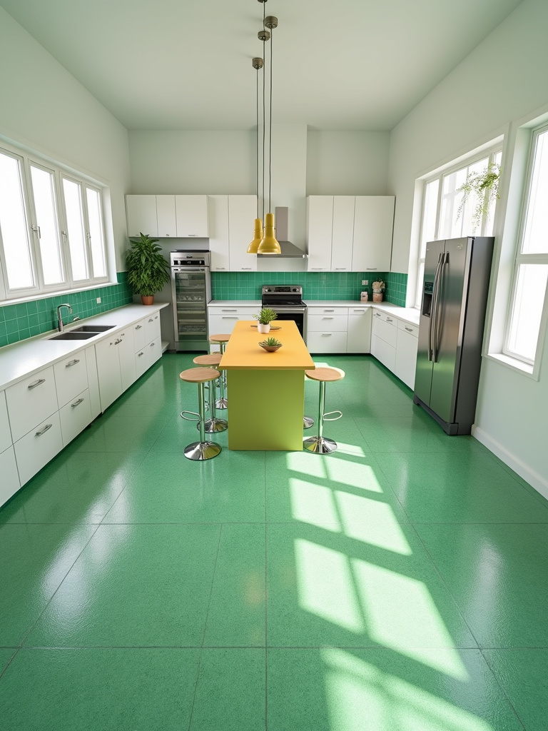 Modern kitchen with green patterned linoleum flooring, white cabinets, and a colorful island viewed from above
