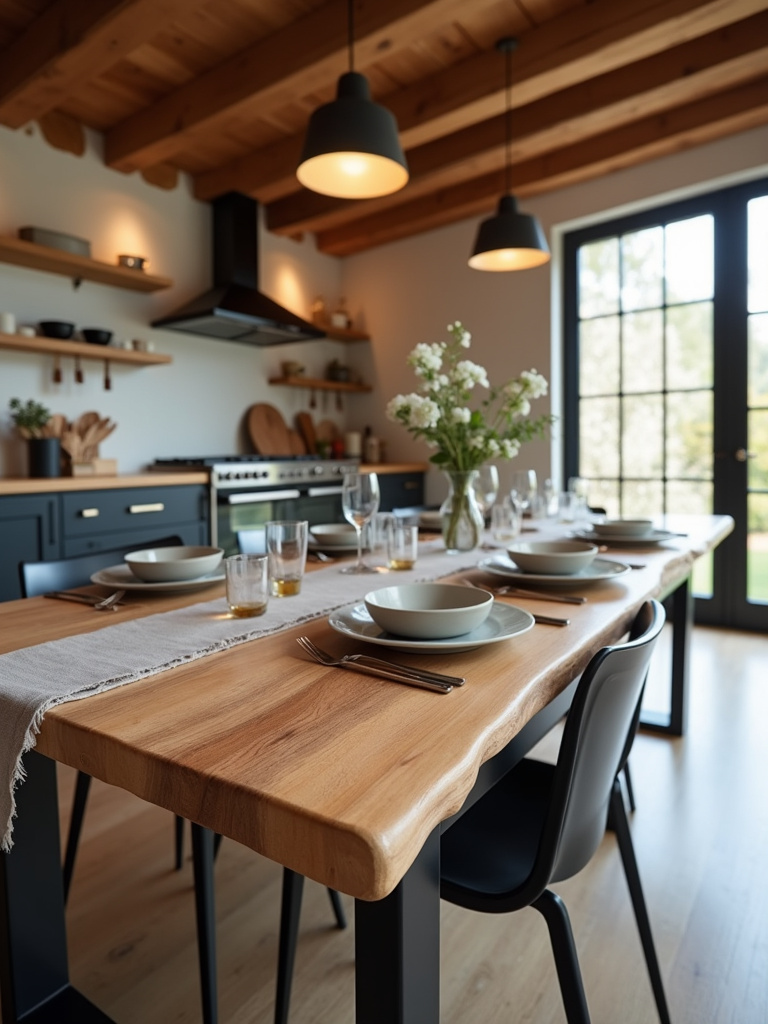 Live edge acacia wood kitchen table with black metal base in a rustic modern farmhouse kitchen.