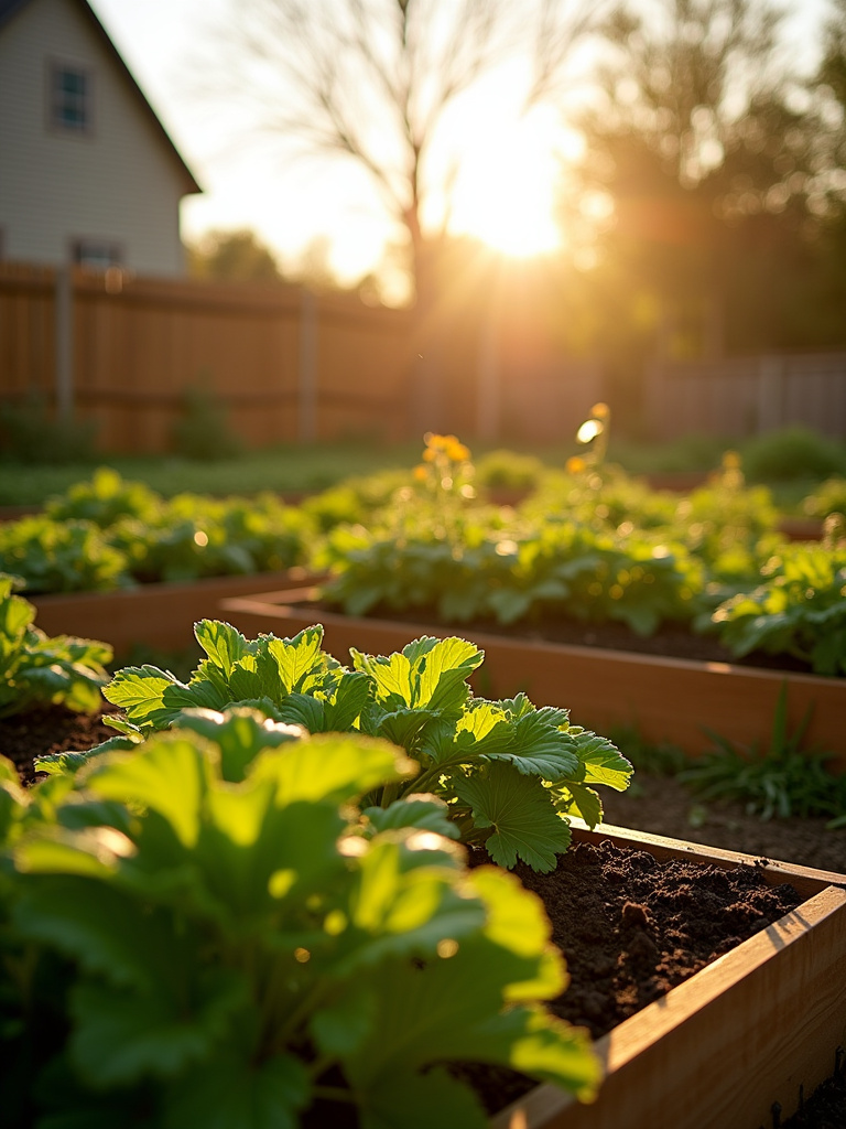 Sunlit backyard vegetable garden with raised beds, photographed at eye-level during golden hour, showing strong sunlight and shadows.