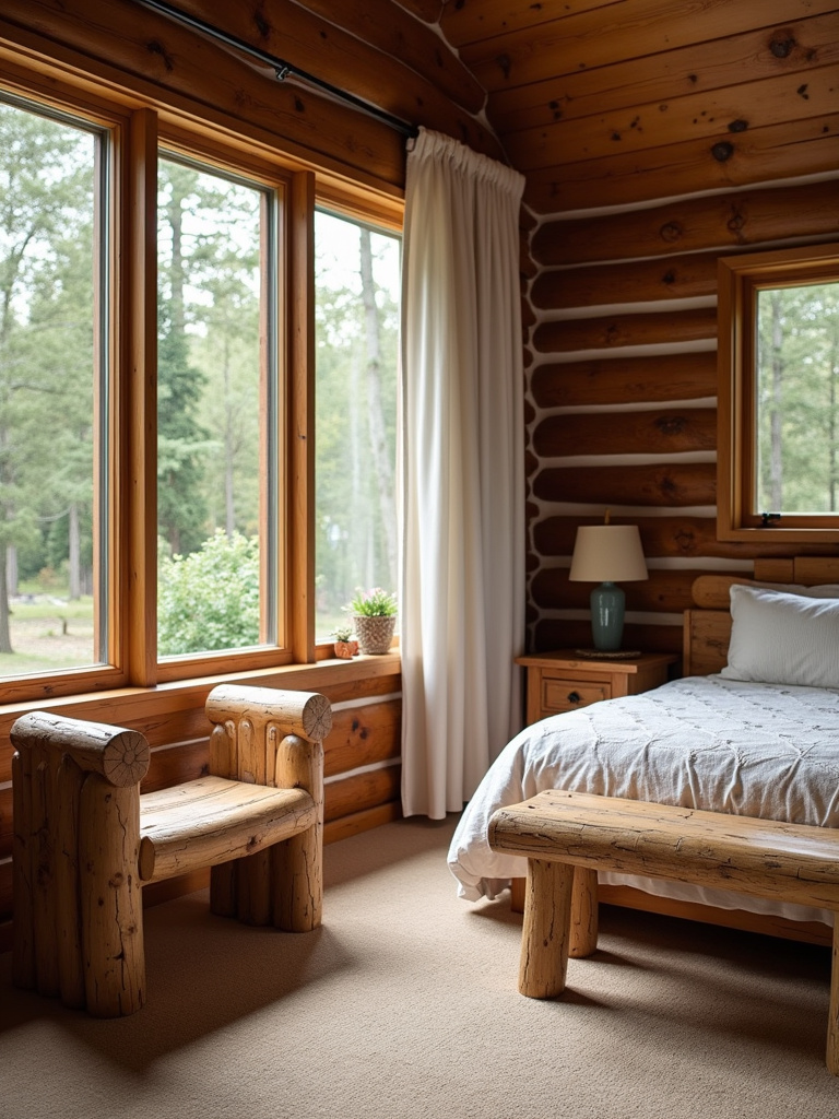 Rustic bedroom featuring log furniture.
