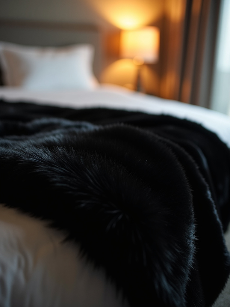 Luxurious black faux fur throw blanket detail on a bed.