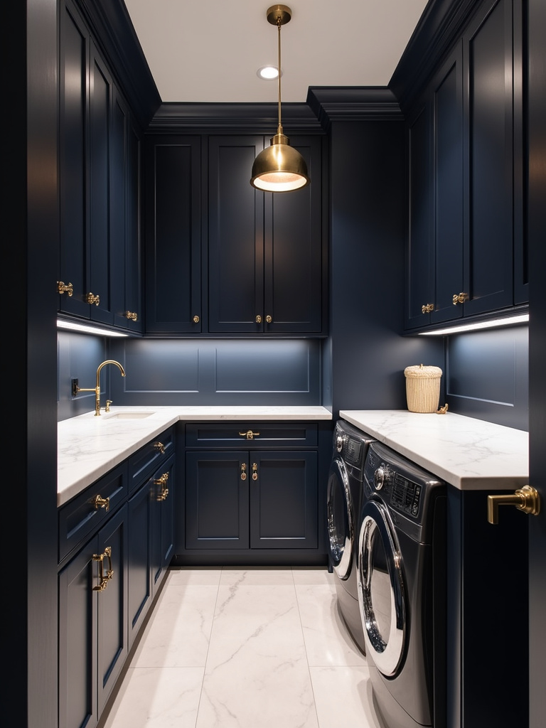 “Luxurious deep navy laundry room with warm lighting and brass accents, featuring deep navy cabinetry, white marble countertops, and dark gray appliances.”