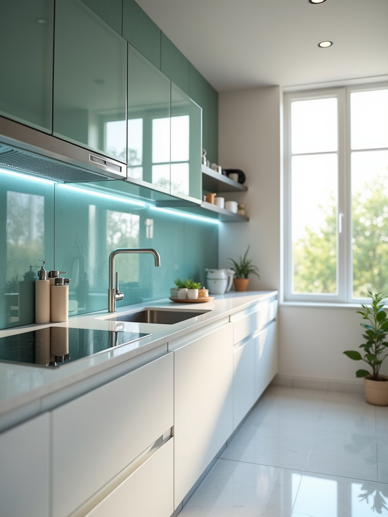 An elegant kitchen featuring a glass tile backsplash with a smooth, reflective surface with light accents.