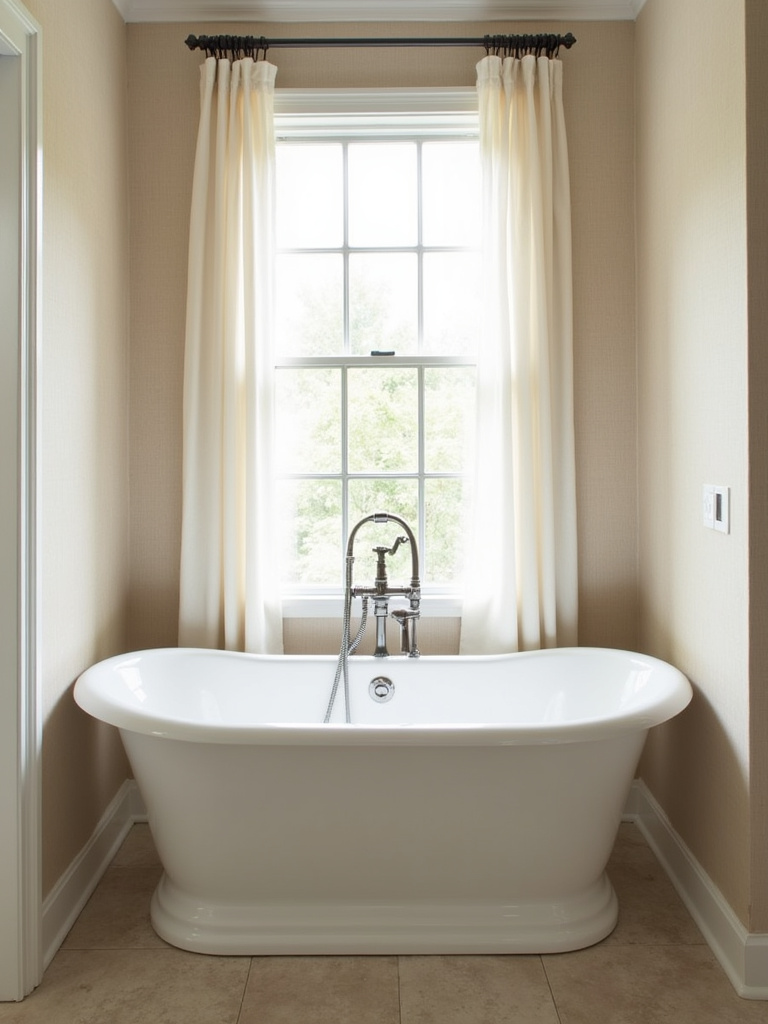 Warm farmhouse bathroom featuring light beige linen texture wallpaper, creating a soft and inviting atmosphere.