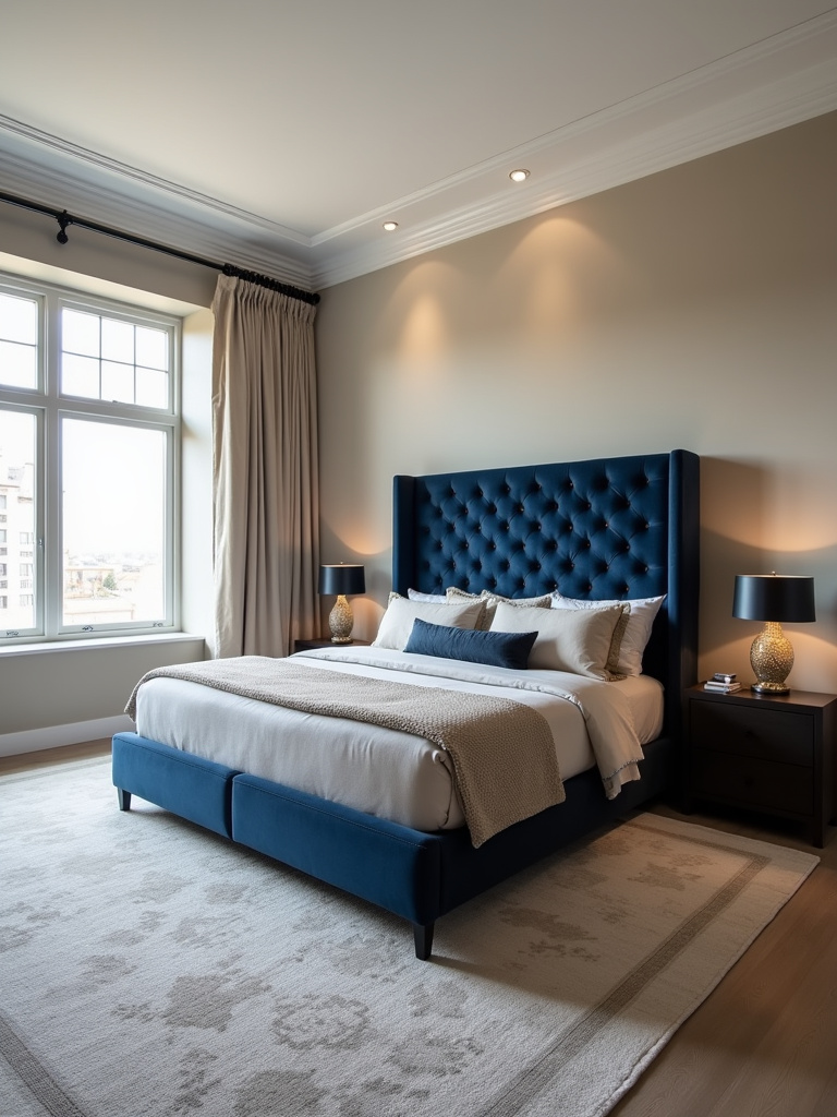 A luxurious master bedroom featuring a king-sized bed with a deep blue velvet tufted headboard.