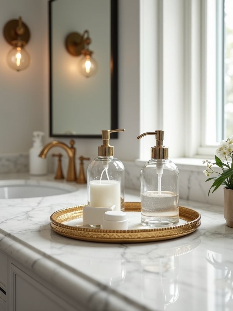 Elegant contemporary bathroom countertop featuring luxury glass soap dispensers and a gold-trimmed decorative tray