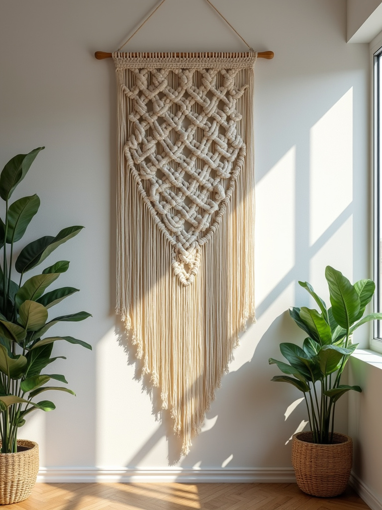 Boho-chic living room with a detailed neutral-toned macrame wall hanging and natural textures.