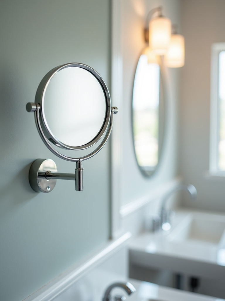 Wall-mounted magnifying mirror with an adjustable arm, designed for detailed grooming in the bathroom.