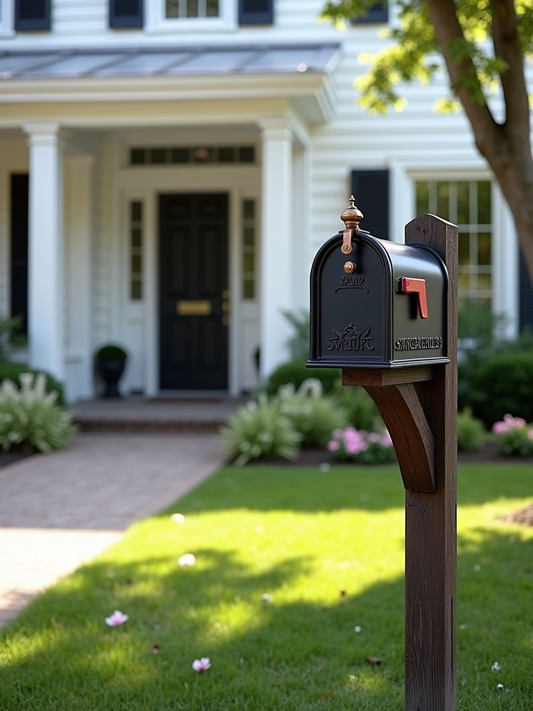 A white farmhouse house with a decorative black mailbox featuring a copper top near the sidewalk.