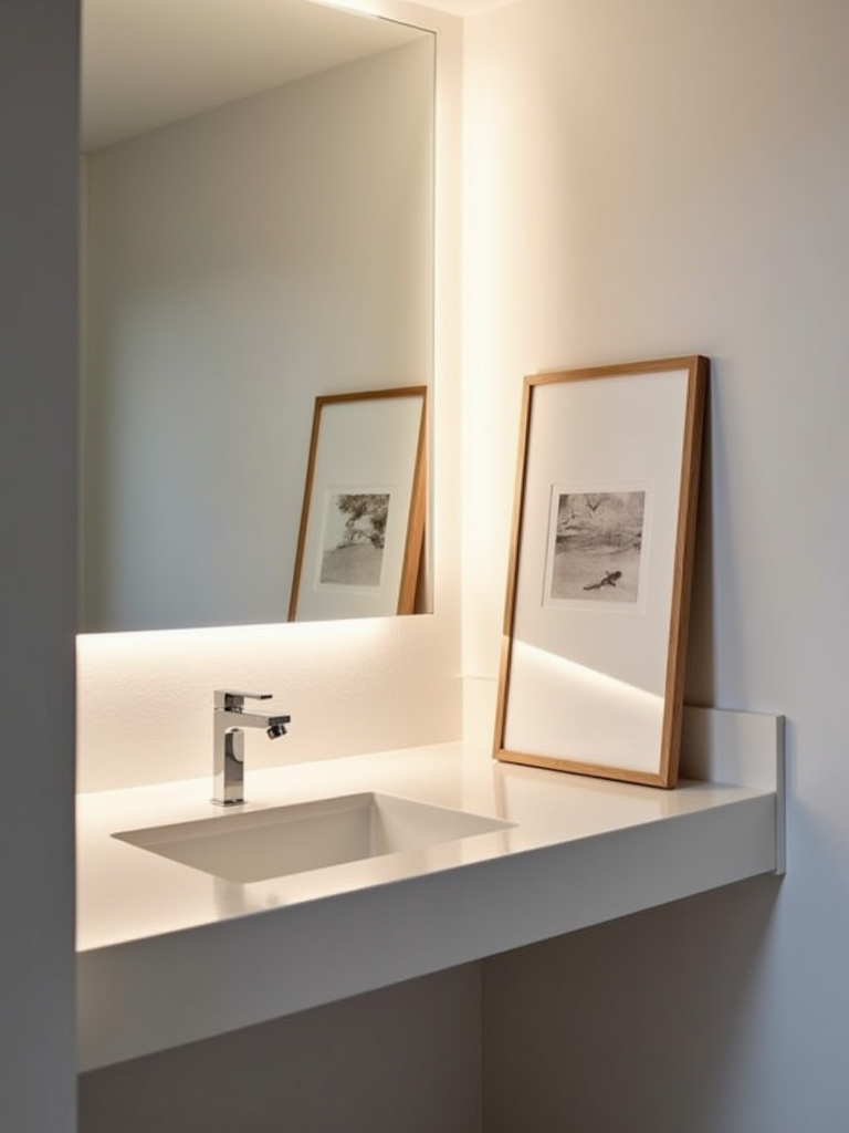 Minimalist bathroom vanity area with simple abstract art print as decor.