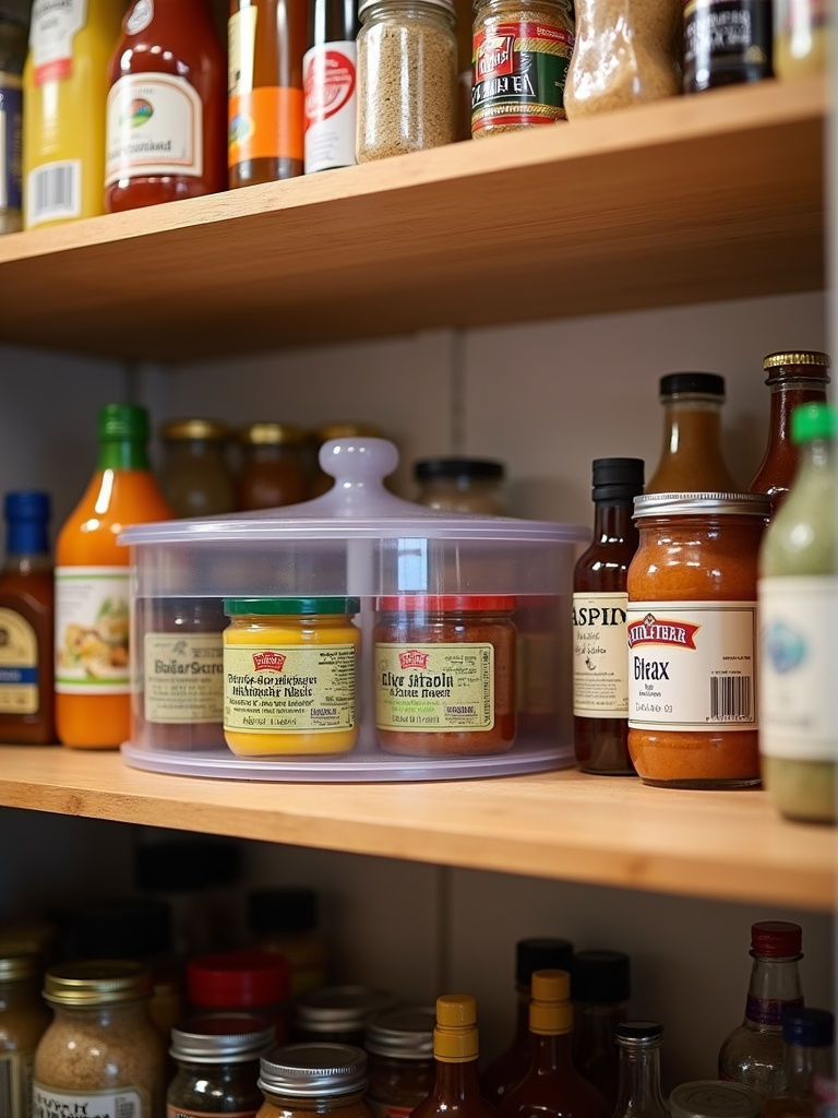 “Clear plastic Lazy Susan on a pantry shelf, organizing jars of condiments, bottles of oils, and spice jars, making pantry items accessible and improving organization.”