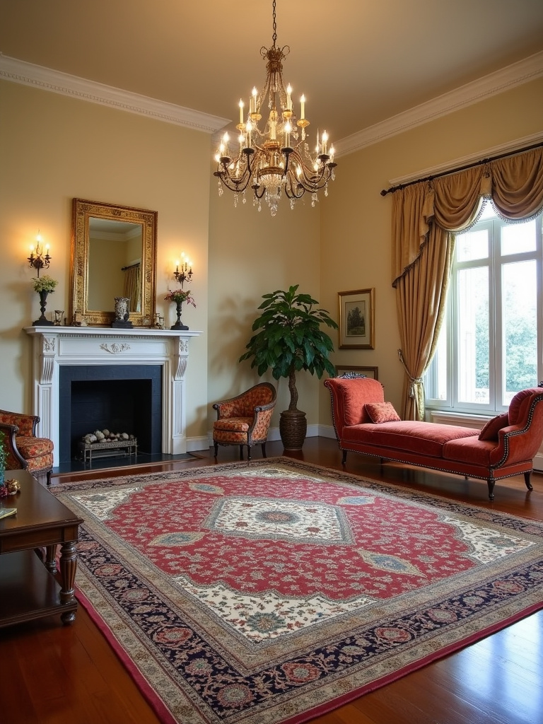 Grand living room featuring an oversized Persian rug and formal furniture.