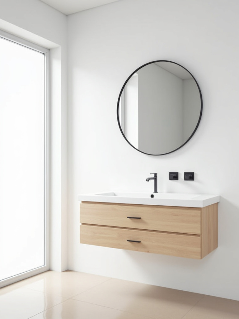 Modern minimalist bathroom featuring a large round mirror with a black frame above a light wood vanity, creating a statement wall decoration.