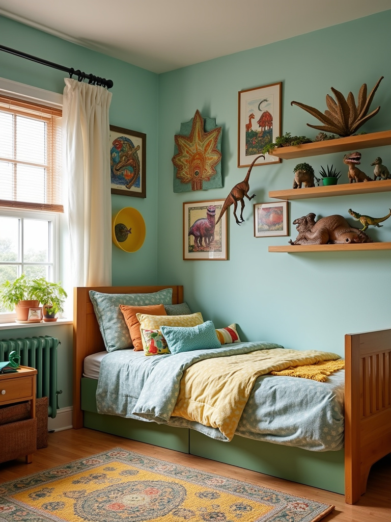 Personalized kids bedroom decorated with dinosaur theme reflecting child’s interests.
