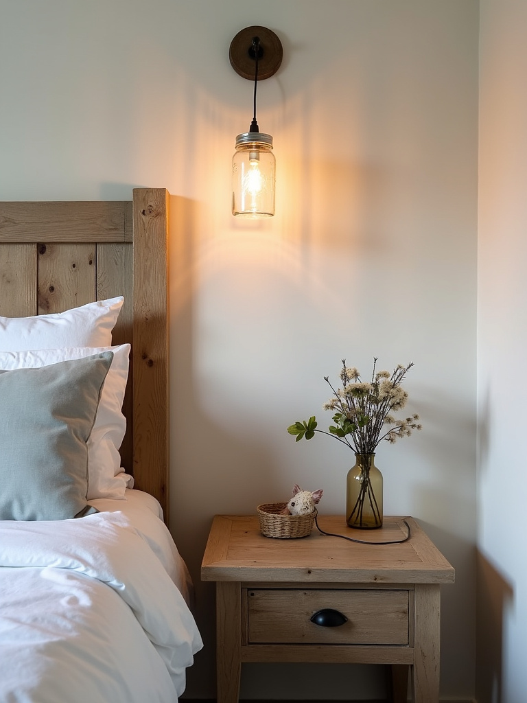 Rustic bedroom using mason jar lighting fixtures.