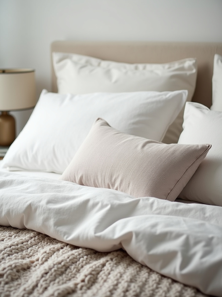 White bedroom bed with textured bedding layers including linen, knit, and woven fabrics.